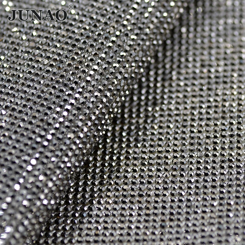 JUNAO SS6 SS8 Jet Hematite Hotfix Glass Rhinestones Trim Mesh Rhinestones Fabric Sheet Crystal Applique Band For Jewelry Crafts