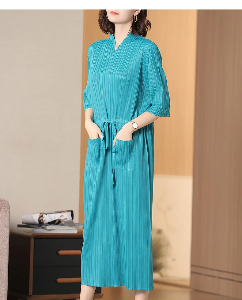 

HOT SELLING Miyake fashion fold dress half sleeve solid color v-neck lacing long dress IN STOCK