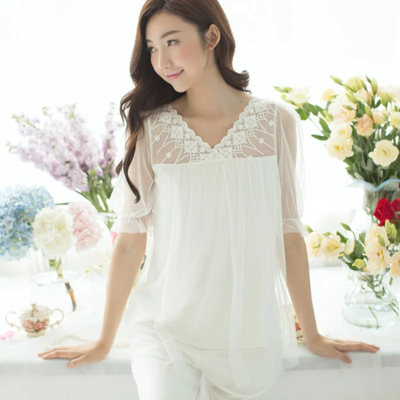 New Summer Women Princess Lace Cotton Pajamas Set Women Short Sleeve Tops and Pants Nightwear Ladies Sleepwear TG1774