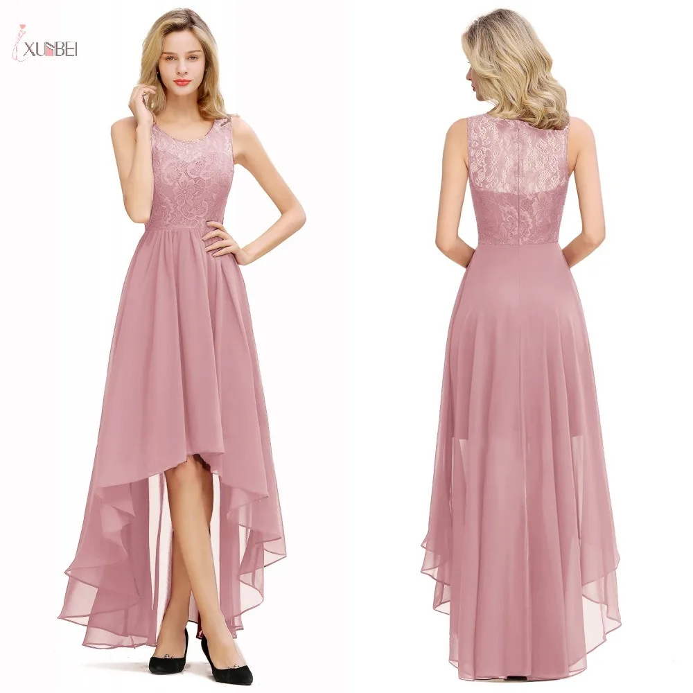 Rosa chiffon longo vestidos de dama de honra alta baixa casamento vestido de festa convidado sem mangas laço flor madrinha