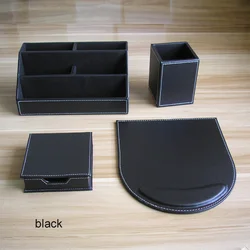 Conjunto de 4 unids/set de organizador de escritorio de madera y cuero PU, soporte de papelería, organizador de escritorio y papelería negro brownK219