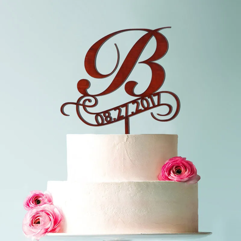 

Personalized Name Letter b Wedding cake topper, personalized rustic wooden cake topper leaf vorder topper