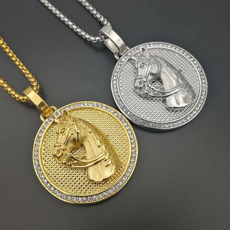 Micro Paved AAA CZ Stone Iced Out Bling Horse Round Pendant Necklace Gold Color 316L Stainless Steel Men Hip Hop Rock Jewelry