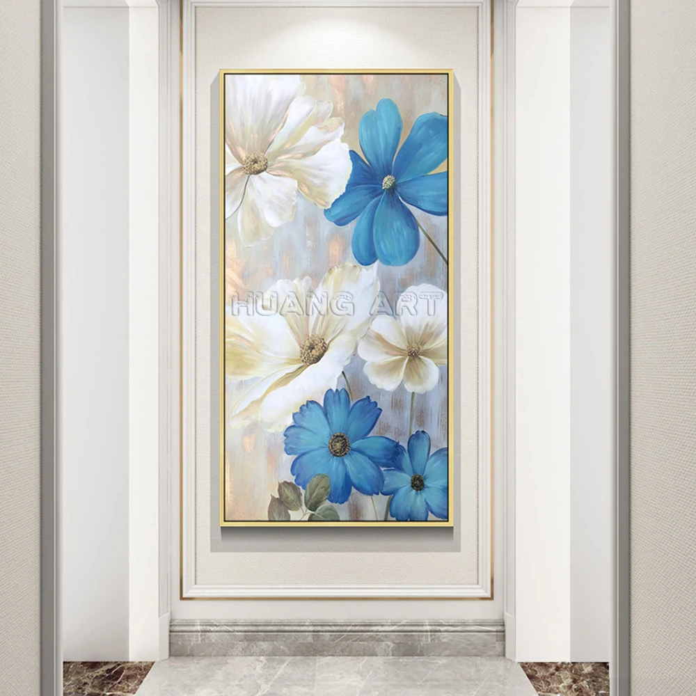 Professional Painter Hand-Painted Beautiful Flower Oil Painting on Canvas for Home Decor Modern Blue Flower Acrylic Painting