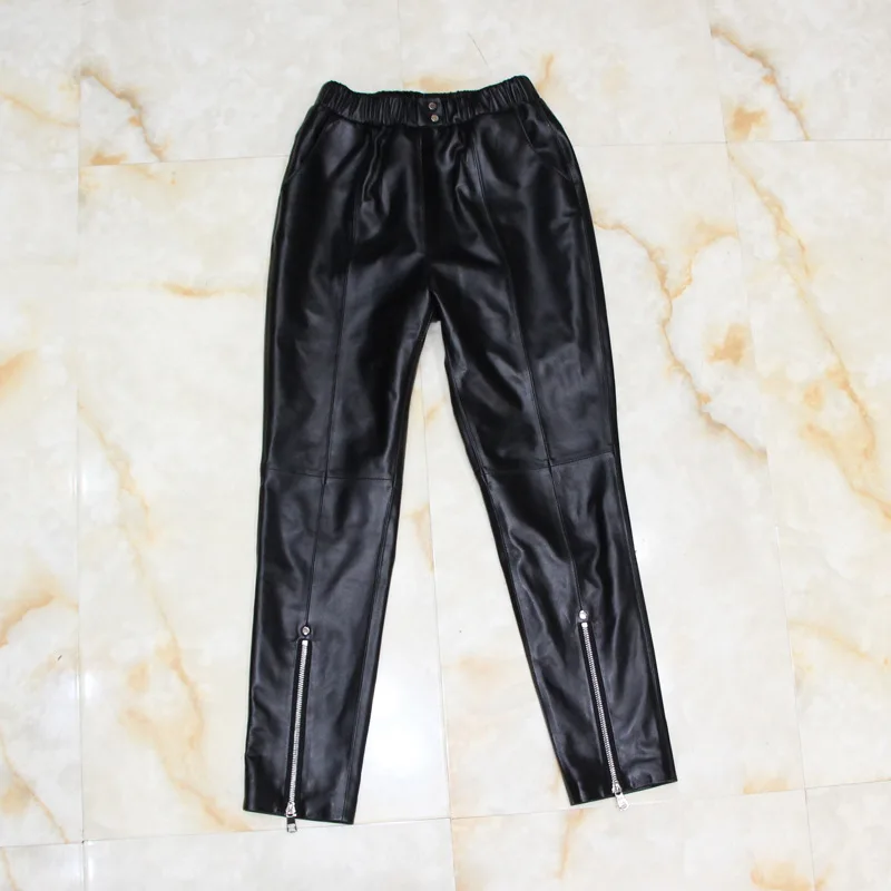 

Women ankle length Genuine Leather pants Sheep skin zipper Stitching Real Leather Pants Female elastic wasit Pencil Pants wq1373