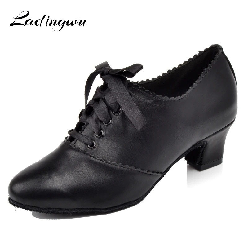 Ladingwu Black Latin Women Dance Shoes Microfiber Synthetic Leather Woman Closed Toe Ballroom Teacher Dance Shoes Heel 5/6/7cm