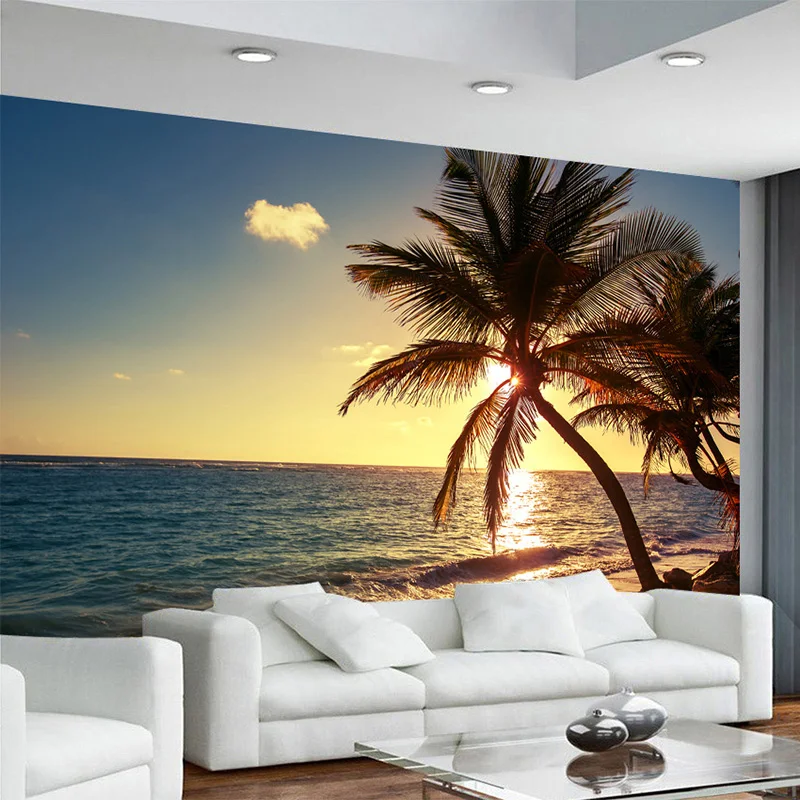 Custom 3D Mural Photo Wallpaper Beach Sunset Coconut Palm Seaside Landscape Wall Painting Restaurant Cafe Home Decor Wall Papers
