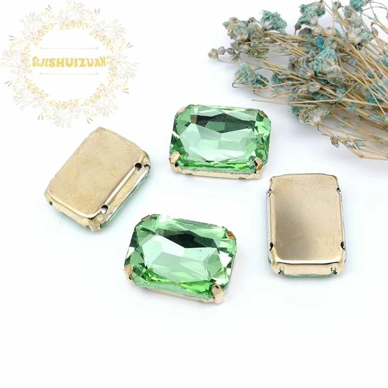 Light Green Rectangle Glass Crystal Sew On Rhinestones Sewing With Gold Claw Diy Wedding Dress Accessories 20PCS