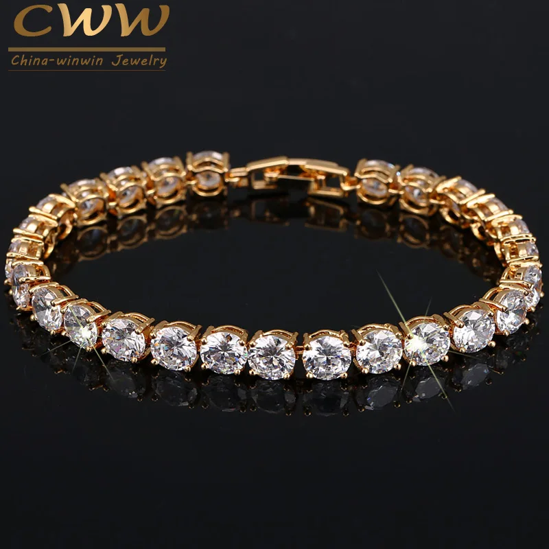 CWWZircons Brand Fashion Yellow Gold Color CZ Jewelry Clear Round Cubic Zircon Stone Chain Link Bracelets For Women CB145