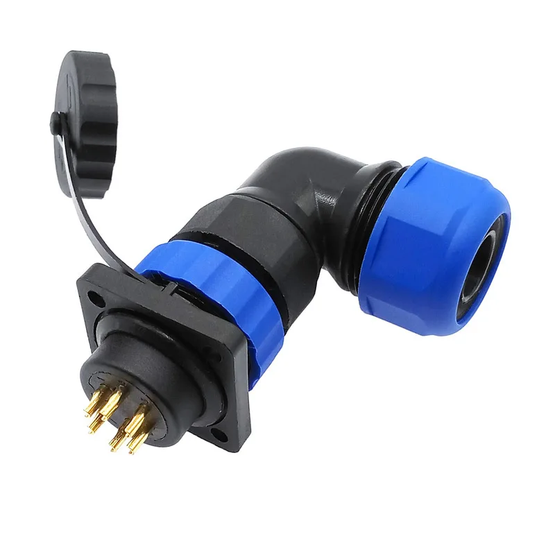 SP20 corrugated pipe waterproof connector 2/3/4/5/6/7/9/10/12/14Pin IP68 flange socket angle connectors 90 degree elbow