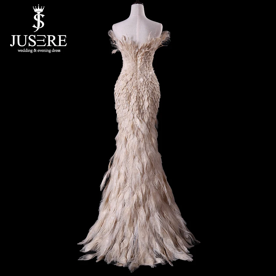 Off Shoulder Plugging V neckline Zipper Up Back Floor Length Elegant Queen Luxury Feather Mermaid Champagne Evening Dress