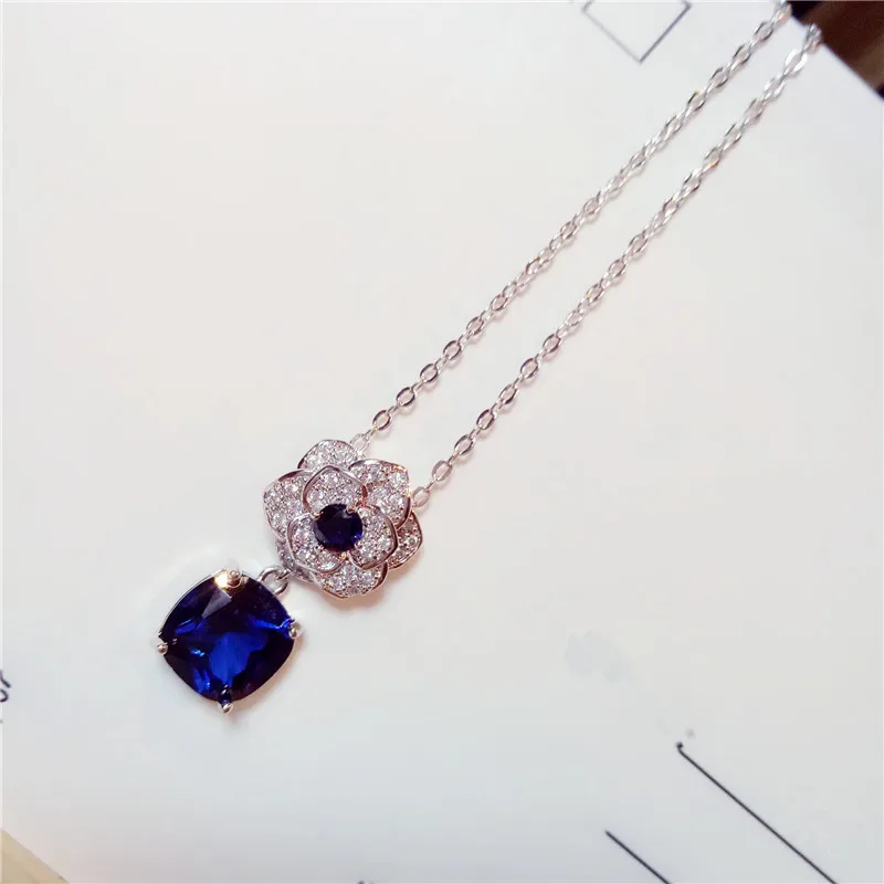 Necklace Pendants For Women Chain Created Sapphire Gemstone Fine Jewelry Simple Pendant Blue Colar 100% Handmade Torque Gift