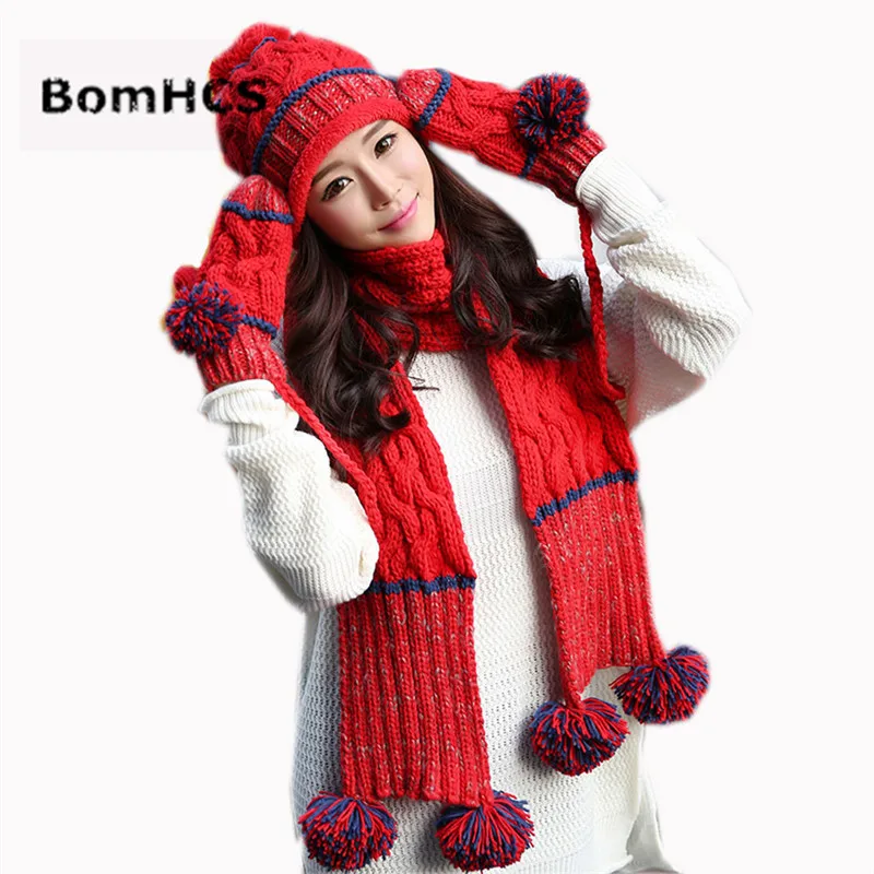 

BomHCS 3pcs (hat+scarf+gloves) Suit Warm Winter Thick Women's Beanie Mittens Neckerchief 100% Handmade Knitting