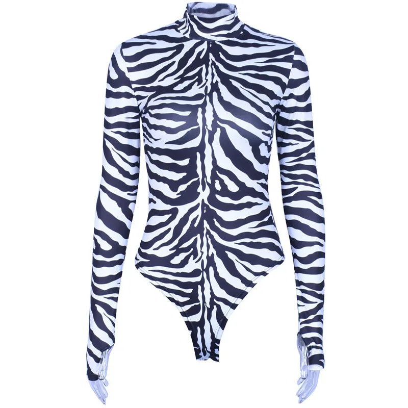 2019 New Dj Nightclub Jumosuit Female Singer Slim High Collar Stripes Zebra Pattern Long-Sleeved Base High Fork Bodysuit DL3841