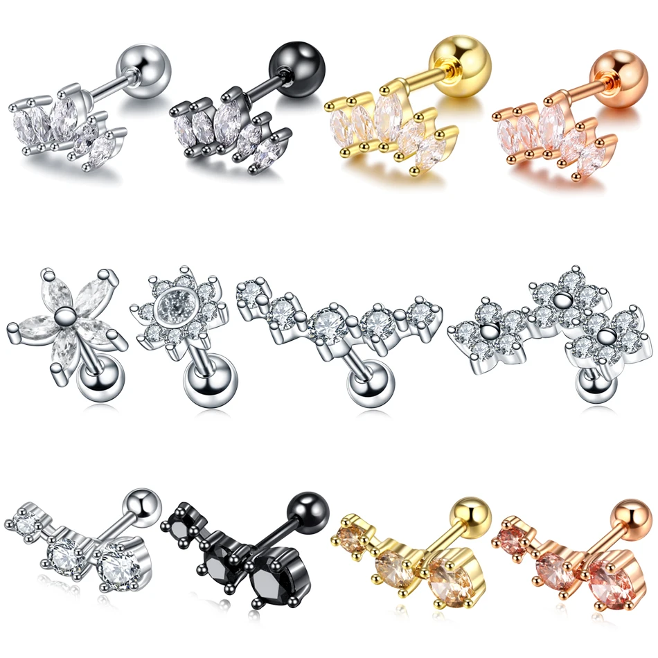 1PC Steel CZ Gem Orelha Cartilage Upper Ear Stud Earring Helix Bar Piercing Crystal Flower Conch Lobe Ear Piercing Women Jewelry