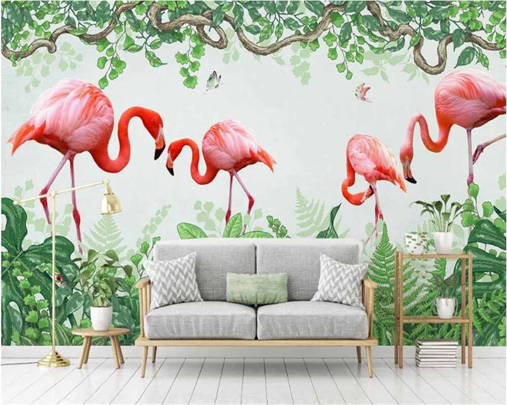 beibehang Nordic modern indoor wall papers home decor 3d wallpaper hand-painted Flamingo green leaf butterfly TV background wall