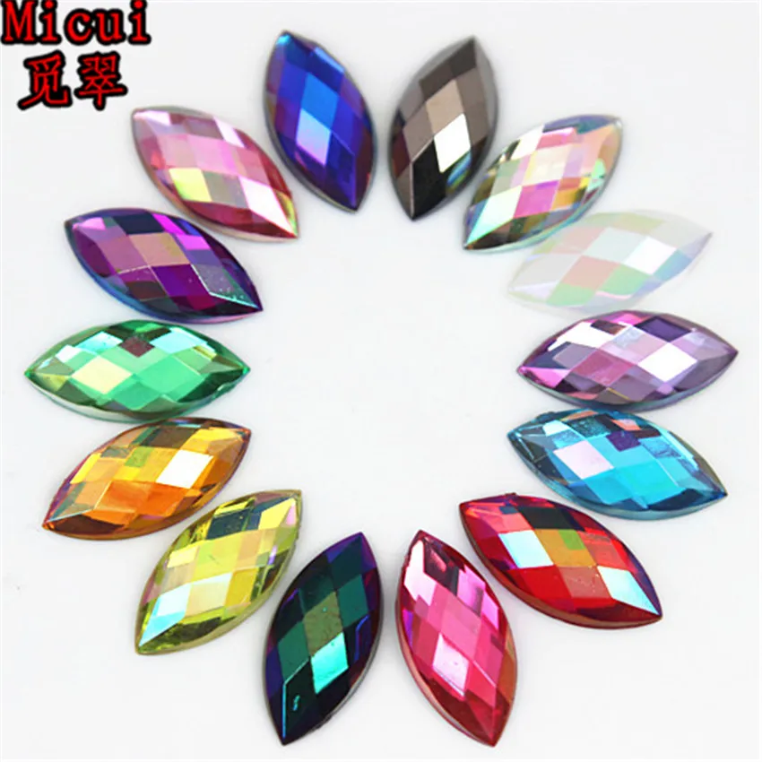 Micui 100pcs 7*15mm Horse Eye Rhinestones Flat Back Acrylic Gems Crystal Stones Non Sewing Beads for DIY Clothes MC54