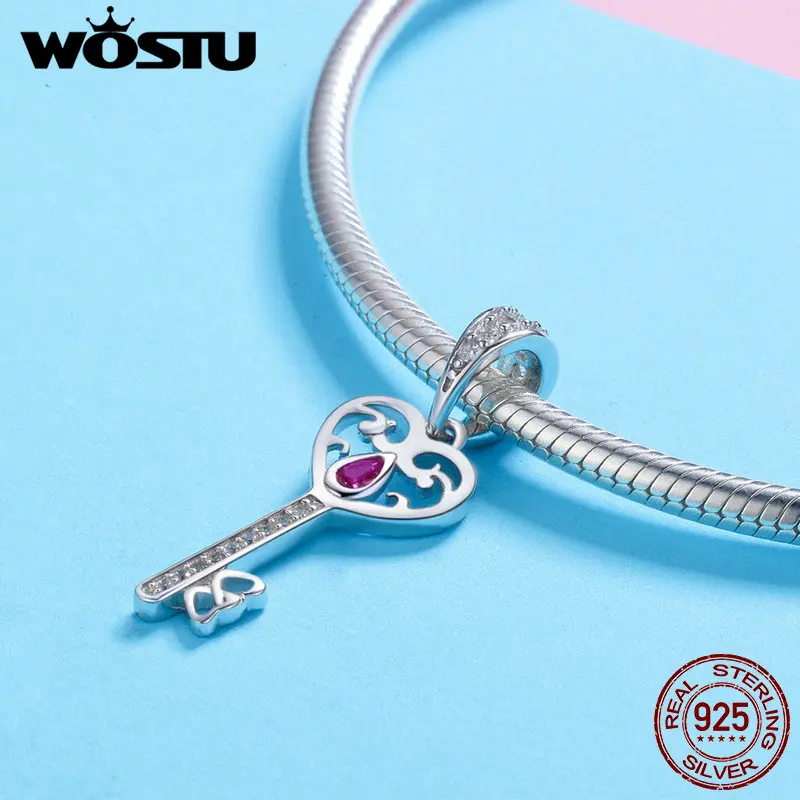 WOSTU 100% 925 Sterling Silver Key To Happiness Tear CZ Stone Charm Bead Fit Original Bracelet Bangle Fine Jewelry Gift FIC791