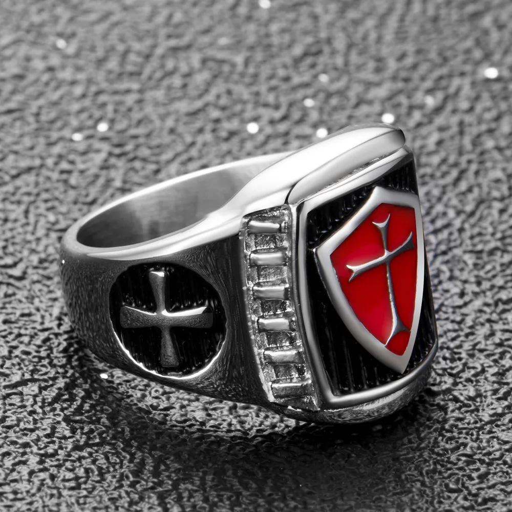 US 7 to 14 Mans Stainless Steel Titanium Red Armor Shield Knight Templar Crusade Cross Signet Ring Medieval Signet Retro Vintage