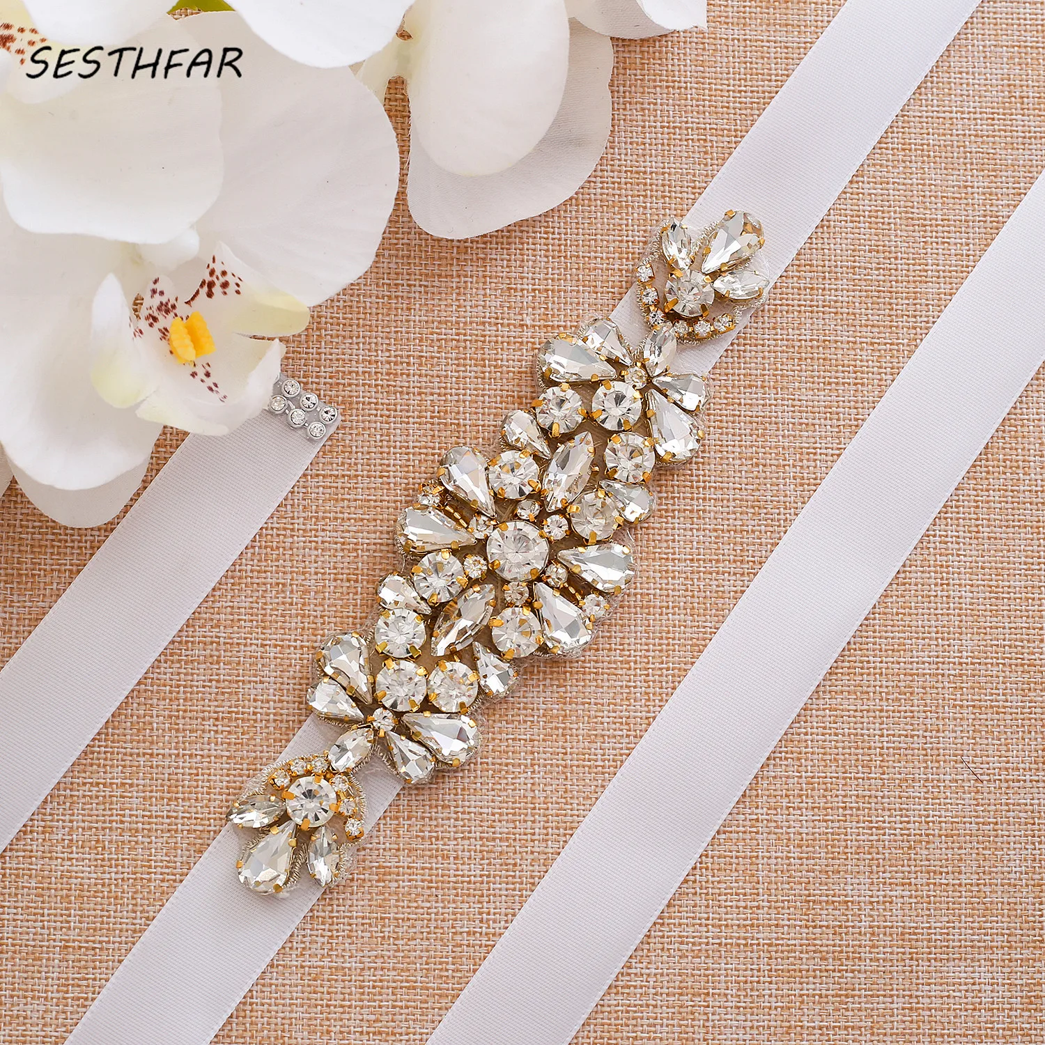 SESTHFAR Gold Rhinestones Bridal Belt Diamond Wedding Belt Beaded Crystal Wedding Sash For Dress Accessories