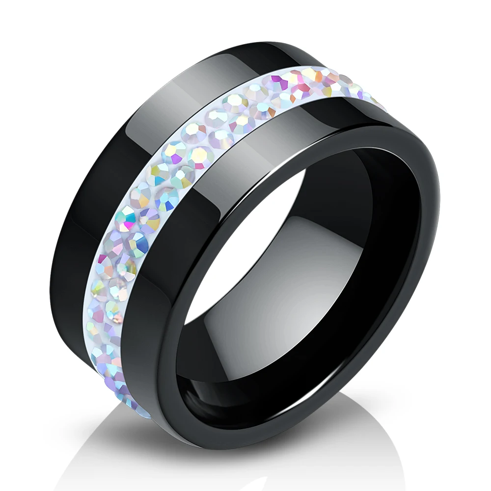 New 10MM Black and White 2 Row Crystal Ceramic Ring Women Engagement Promise Wedding Band Gifts For Women