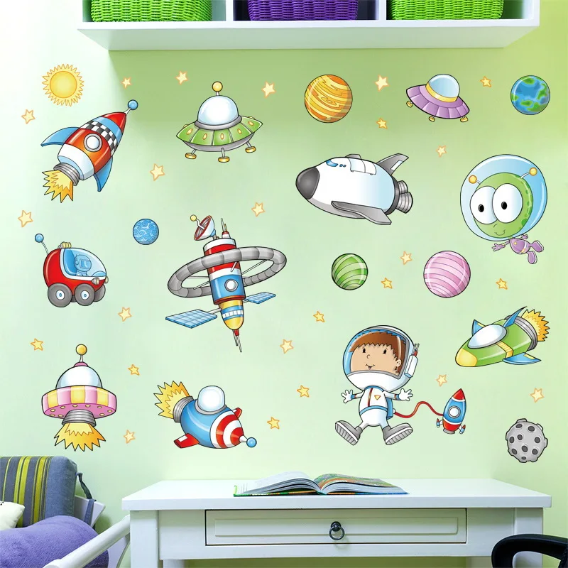 Space Astronaut Cartoon Wall Sticker Kids Room Outer Space Planet Galaxy Rocket Ship Decorative Wall Murals For Child\'s Favor