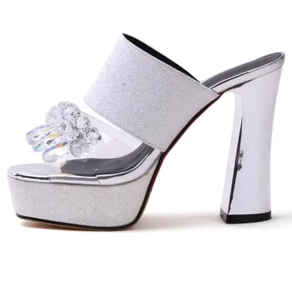 

Carpaton Summer Bling Bling Crystal Embellished High Heel Sandals Sexy Open Toe Platform Thick Heels Slides Big Size Woman Shoes