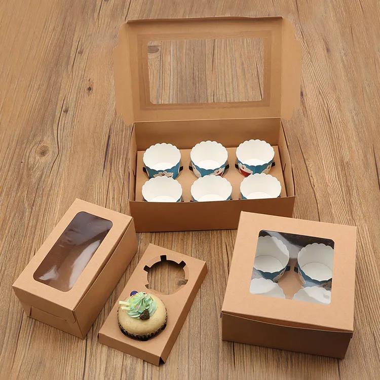 100pcs Cupcake Box With Window Gift Packaging For Wedding Home Party Dessert Mousse Cup White Brown Kraft Paper Box Customized