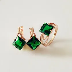 Luxury Office Style Green Cubic Zircon Women Ring Earrings Jewelry Set 585 Rose Gold Color Plating