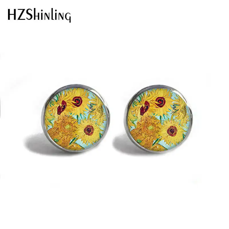 HZShinling Women Stud Earrings Van Gogh Painting The Starry Night Art Paintings Fashion Glass Sunflower Earrings Women HZ4