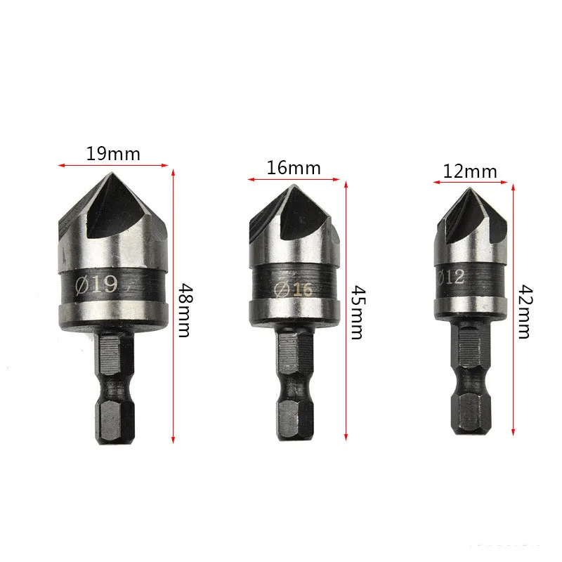 

3Pcs/set 90 Degree 1/4 Hex Shank Countersink Drill Bit 5 Flute 12-19mm Woodworking Chamfer Counter Sink Chamfering Debur Too