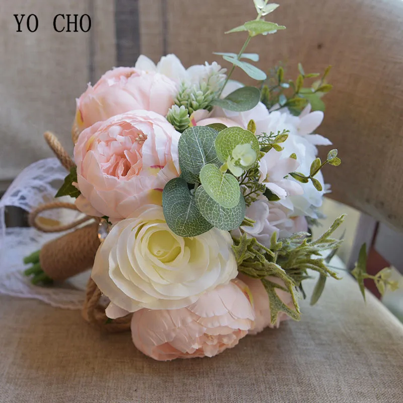 YO CHO Wedding Bouquet Artificial Roses Peonies Silk Flowers Pink White Wedding Bridal Bouquets Bridesmaids Mariage Accessories