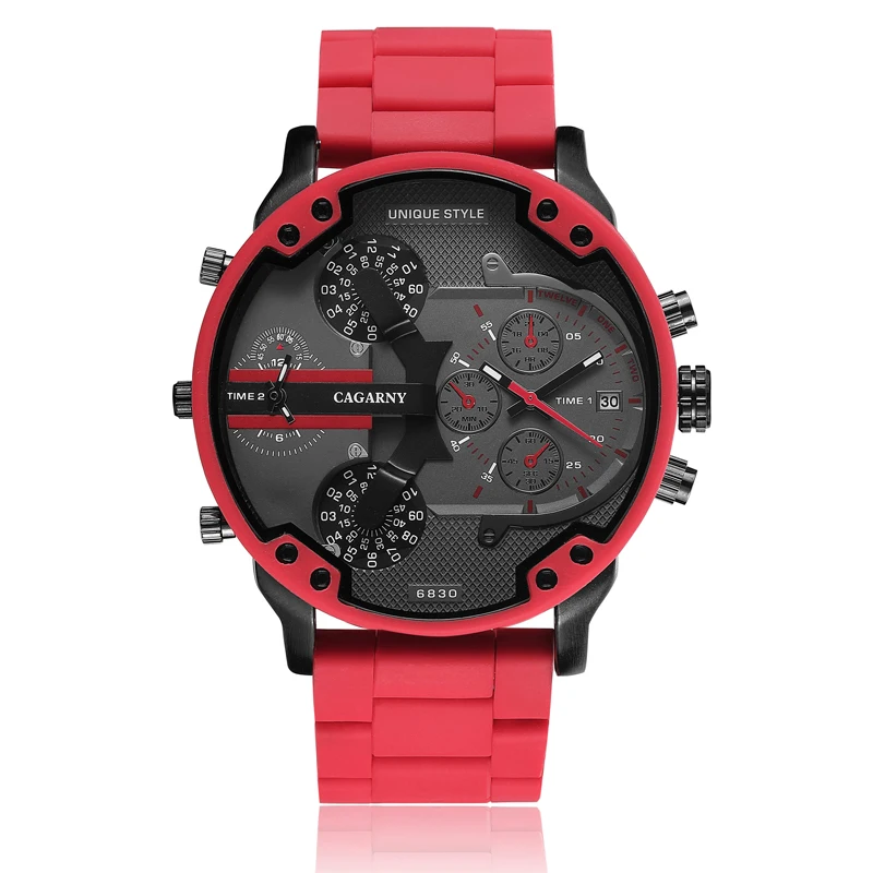 Classic Red Quartz Watch Men Luxury Brand Cagarny Dual Times Miltiary Relogio Masculion Silicone Steel Band Sports Wristwatches