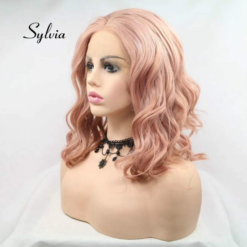 Sylvia Rose Gold Pink Curly Wigs  Peach Red Hair Synthetic Lace Front Wigs  Heat Resistant Fiber Short Hair  Wedding Party Wigs