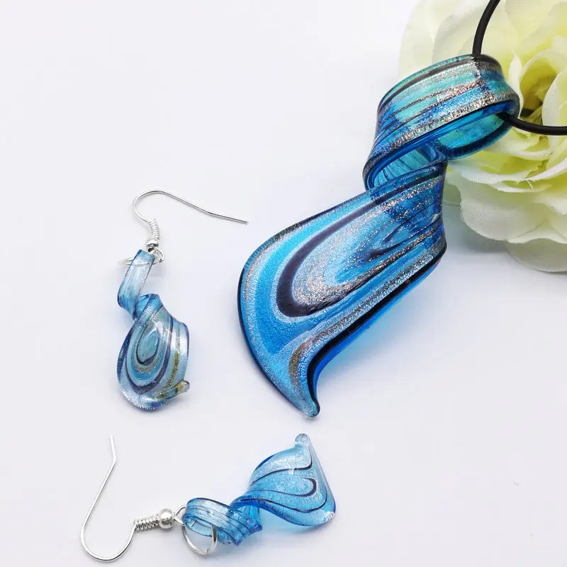 1Set Blue Lampwork Glass Murano Pendant Necklace Earrings FASHION