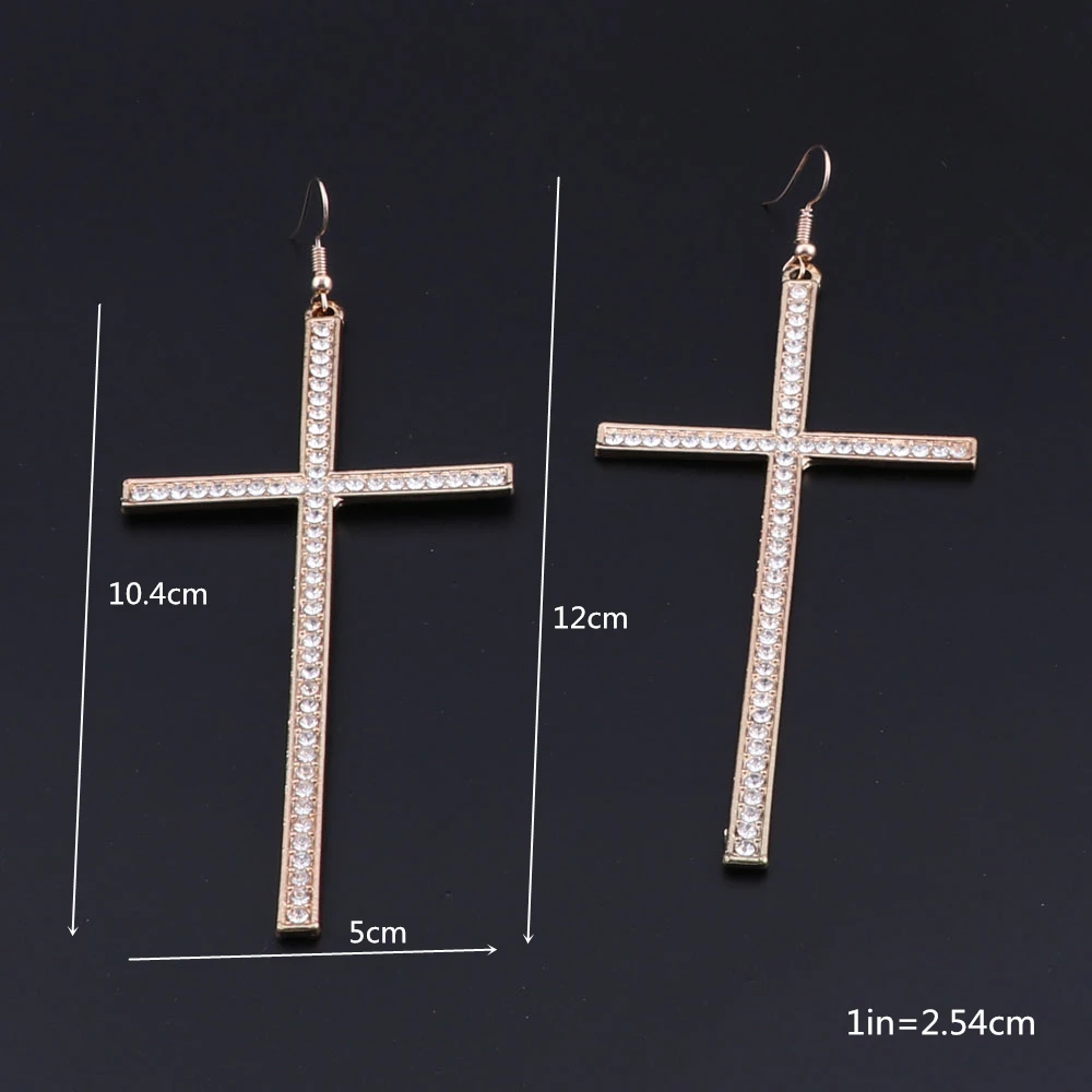 Hip Hop Big Gold/Silver Color Rhinestone Cross Dangle Earrings Fashion Crystal Cross Earrings