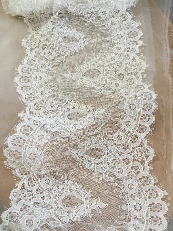 3 Yards Off White Bridal Veil Frehcn Alencon Lace Fabric Trim , Eyelash Wedding Cape Lace Shrug Overlay Bolero 22cm Wide