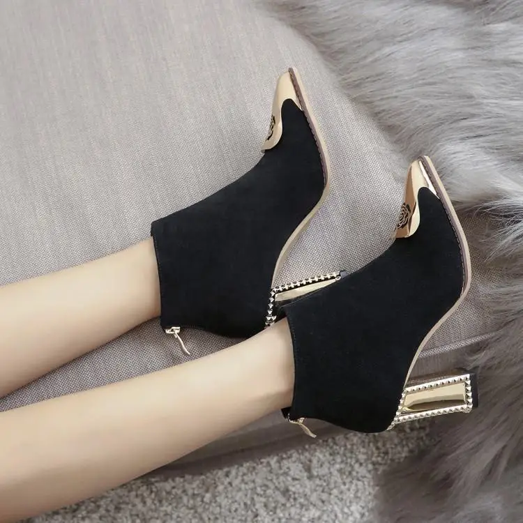 Pointed Toe Chelsea Boots Women High Heels Autumn Winter Shoes Woman Pumps Black Suede Botas Mujer Metal Designer Ankle Botines