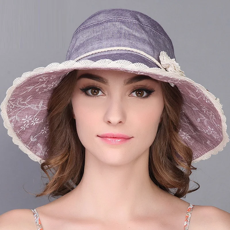 Womens Linen Sun Hat Adult Summer Chapeu Feminino Praia Sun Cap Femme Bucket UV Cap Wide Brim Foldable Hat  B-7595