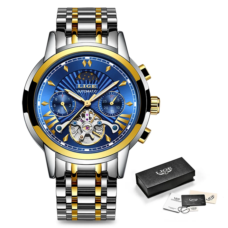 Imagem -05 - Lige Novo Ouro de Luxo Mecânico Automático Homens Relógio Homens Relógios de Mergulho à Prova d Água Luminosa de Aço Inoxidável Tourbillon Homens Relógio