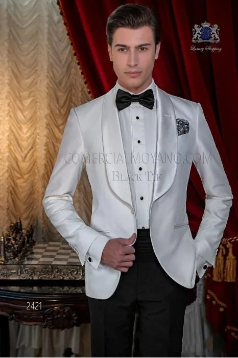 

Fashionable One Button Ivory Groom Tuxedos Shawl Lapel Groomsmen Men Blazers Suits (Jacket+Pants+Tie) NO:376