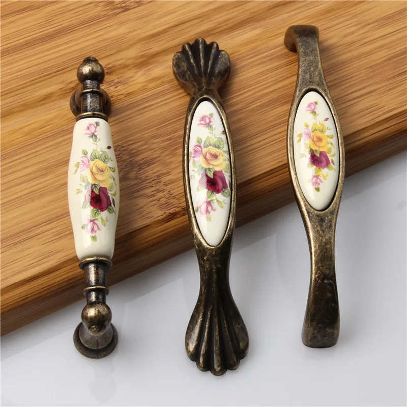 Vintage Bronze Ceramic Door Handles Cupboard Cabinet Drawer Wardrobe Closet Pull Knobs Kitchen Furniture Hardware Accessories