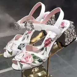 Summer Floral Printed Leather Rhinestone Chunky Heels Sandals Woman Glitter Crystal Buckle Ankle Strap Open toe Wedding Shoes