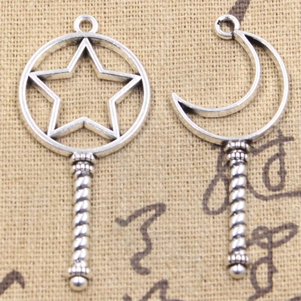 10pcs Charms Star Moon Magic Turned Stick Antique Silver Color Plated Pendants Making DIY Handmade Tibetan Silver Color Jewelry