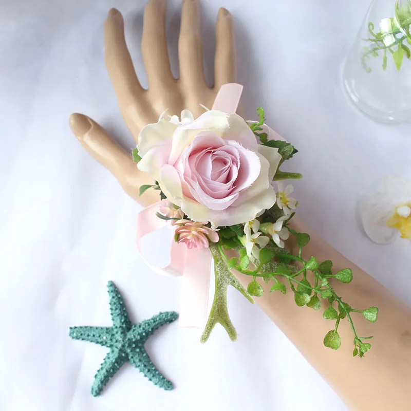 Lovegrace Hochzeit Frauen Boutonnieres und Handgelenk Corsage Grüne Pflanze Hand Blumen Braut Handgelenk Blume Rosa Braut Bouquet Zubehör