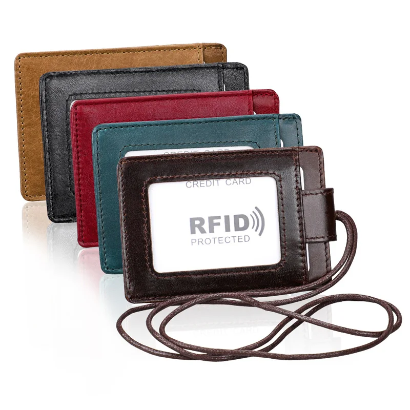 Genuine Leather Id Card Badge Holder with Lanyard RFID Blocking Card Cover for Chest Card Hangtag Work Pass Student Card Holder