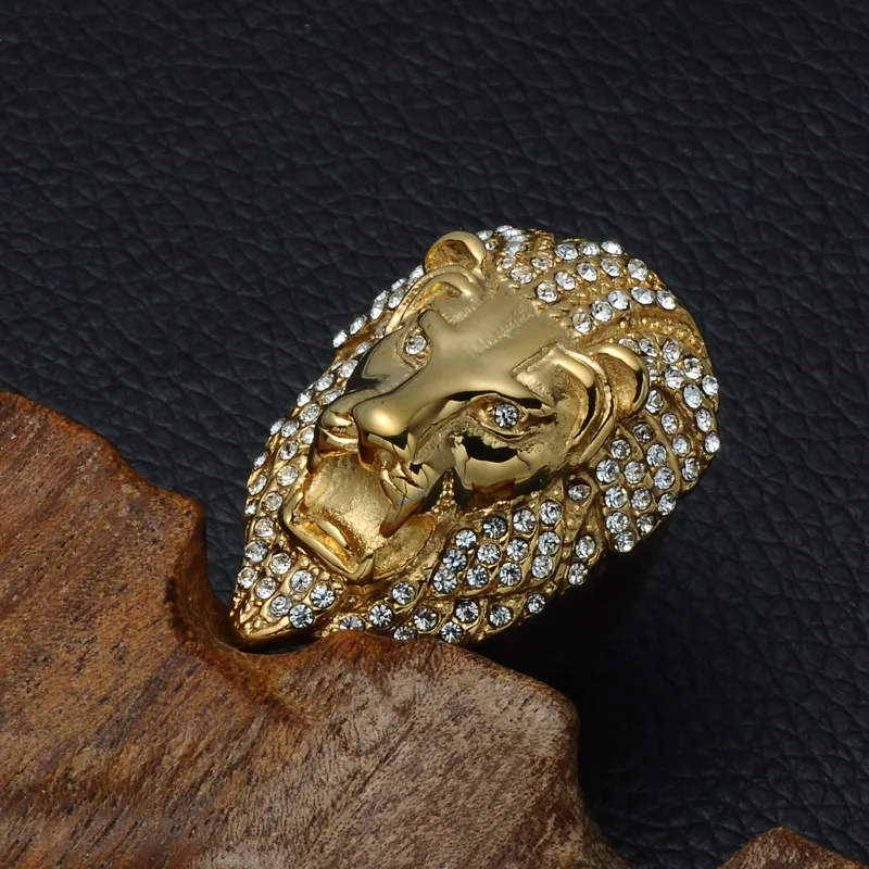 HIP Hop Lion Head Micro Pave Rhinestone Iced Out Bling Mens Ring IP Gold Plated Titanium Stainless Steel Rings for Men Jewelry