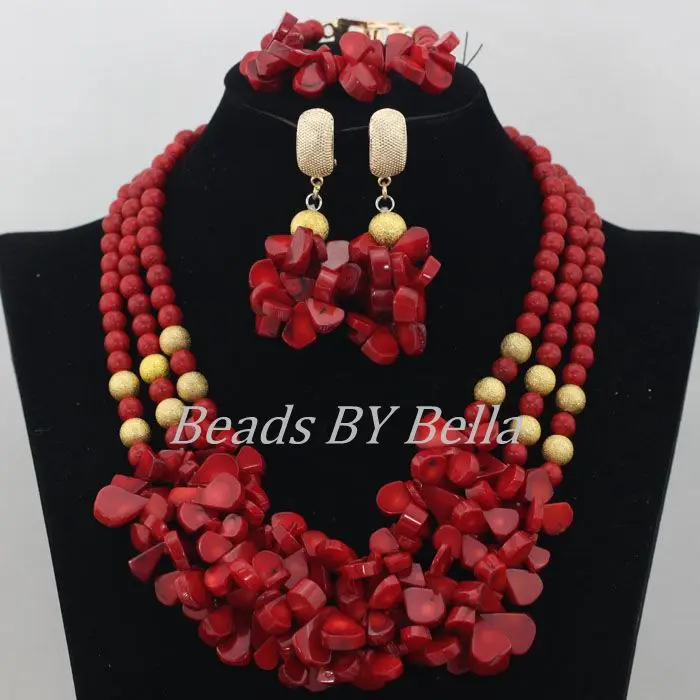 

Nigerian Wedding African Red Coral Beads Necklace Set Bridal Jewelry Fashion New African Beads Jewelry Set Free Shipping ABF505