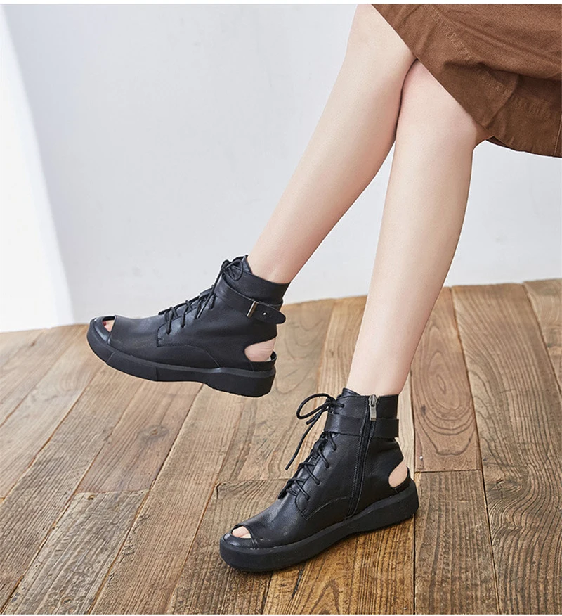 

DRFARGO 2023 Summer Genuine Leather Women Ankle Boots Cutout Hollow out Black Platform Shoes Causual Shoes Soft size 40