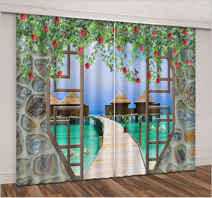 print modern 3d blackout Curtain Living Room Hotel Bedroom Balcony sea view 3D Window Curtain Drapes Rideaux Cortinas pillowcase